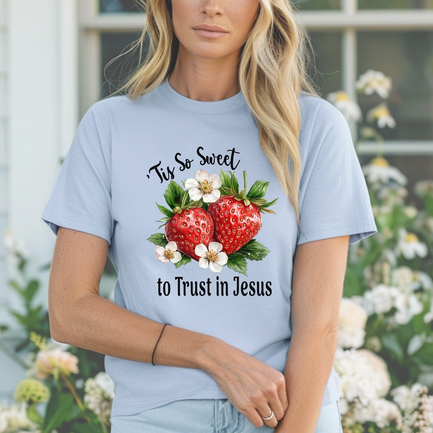 Strawberry Theme Tee, Sweet to Trust in Jesus T-Shirt, Comfortable Christian Top, Casual Women's Shirt, Relaxed Fit, Religious Graphic Tee