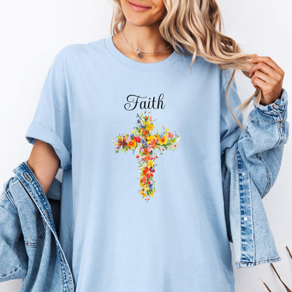 Inspirational Christian T Shirt, Floral Cross, 'Faith' Women's Tee