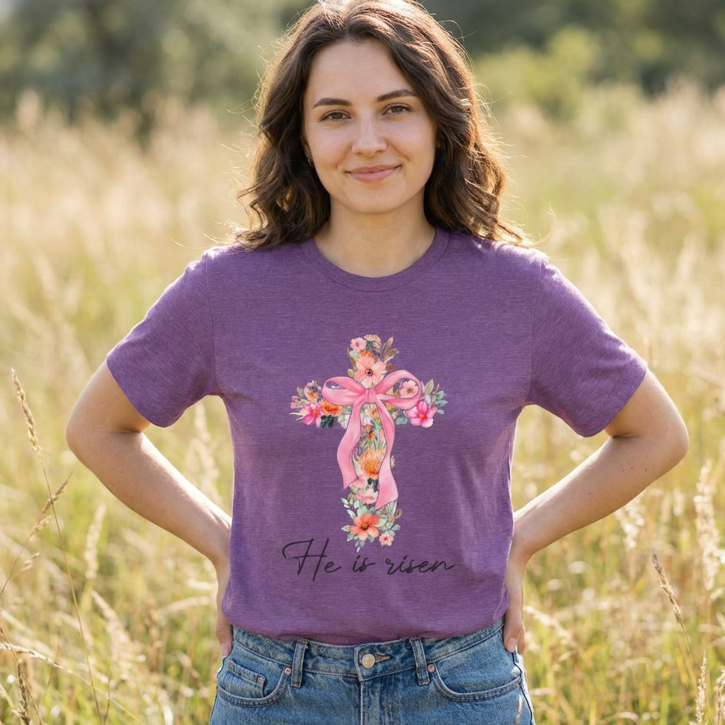 He Is Risen Floral Cross Easter Tee