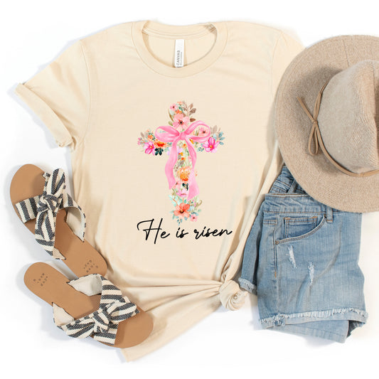 He Is Risen Floral Cross Easter Tee