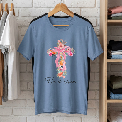 He Is Risen Floral Cross Easter Tee