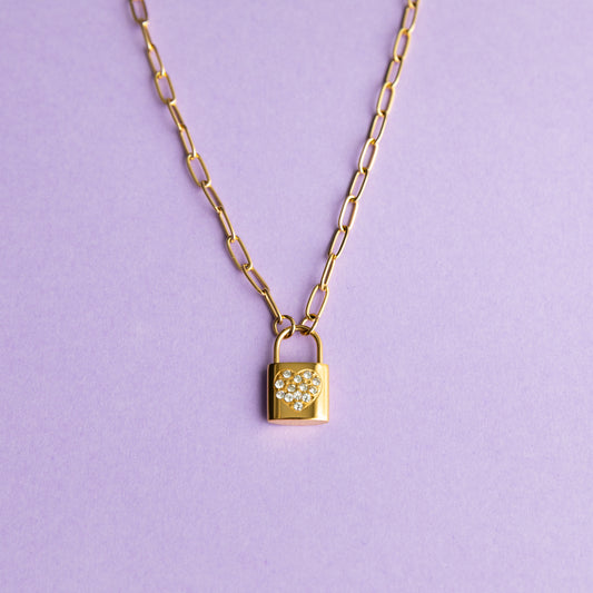 18K Gold Plated Link Chain Necklace with Heart Lock Pendant