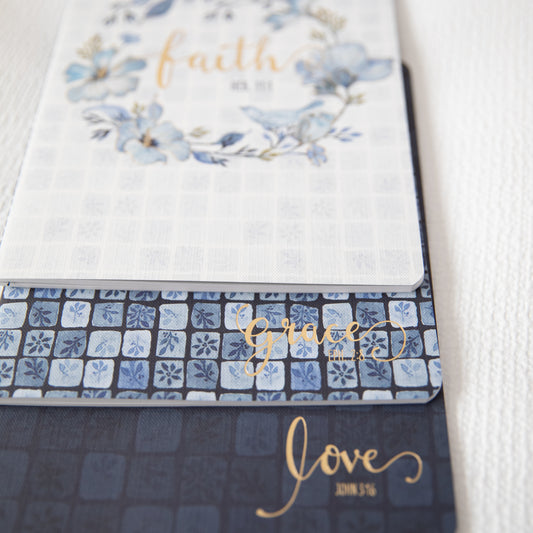 Faith, Love & Grace Journal Set of 3 — Floral Soft Canvas Lined Notebooks