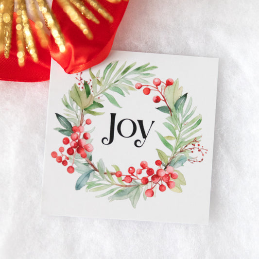 'Joy' Wreath Christmas Gift Tags | 3" Square Cardstock | Set of 10
