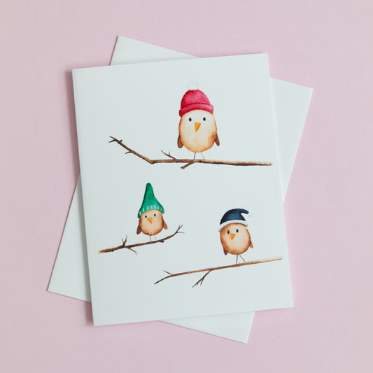 Cozy Snow Birds with Hats Winter Greeting Card