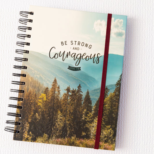 Wirebound Hardcover Journal with Elastic Closure, Be Strong and Courageous, Realistic Nature Design Cover