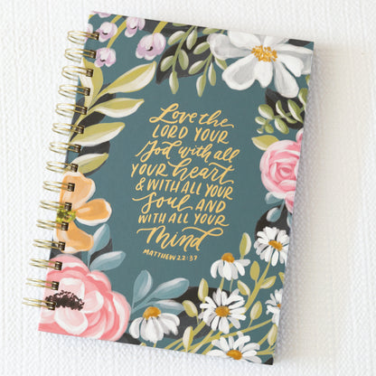 Journal Wire Bound 'Love the Lord Your God' Teal Floral Matthew 22:37