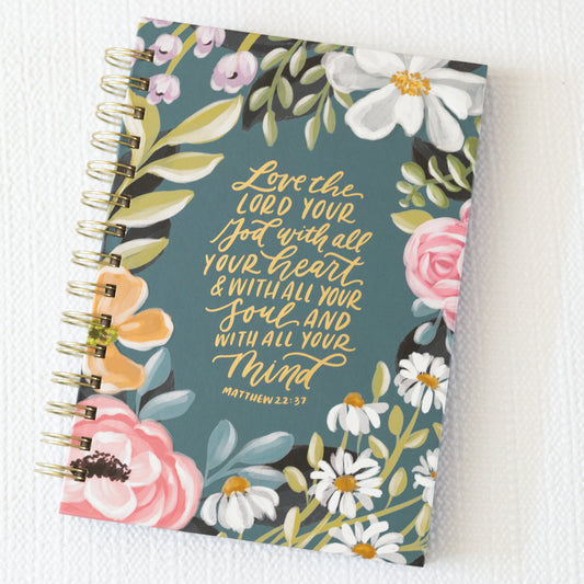Journal Wire Bound 'Love the Lord Your God' Teal Floral Matthew 22:37