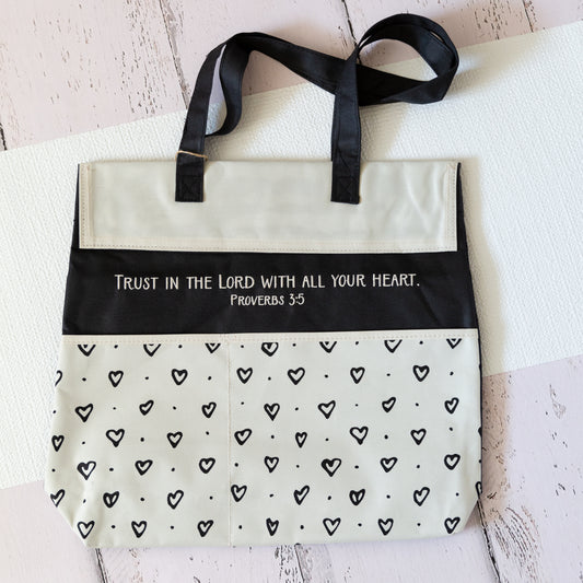 Trust in the Lord.. Cream Nylon/Canvas Tote, Durable Tote with pockets,Heart Pattern Print