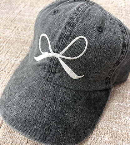 White Bow Embroidered Design Cotton Denim SoftBaseball Cap Adjustable