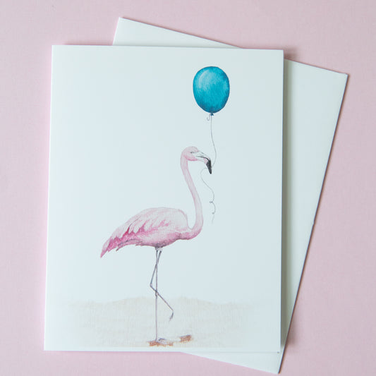 Flamingo with Balloon Greeting Card, Baby Shower, Welcome Baby Card, Flamingo Design