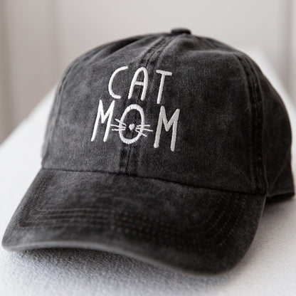 'Cat Mom' Cat Lovers, Embroidered Design, Soft Denim Cotton, Adjustable, One Size, Baseball Hat, Fashionable