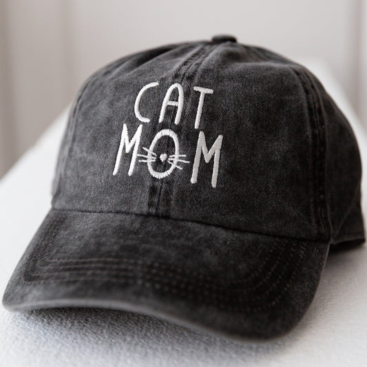 'Cat Mom' Cat Lovers, Embroidered Design, Soft Denim Cotton, Adjustable, One Size, Baseball Hat, Fashionable