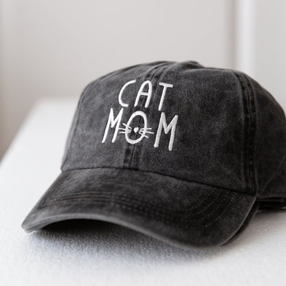 'Cat Mom' Cat Lovers, Embroidered Design, Soft Denim Cotton, Adjustable, One Size, Baseball Hat, Fashionable