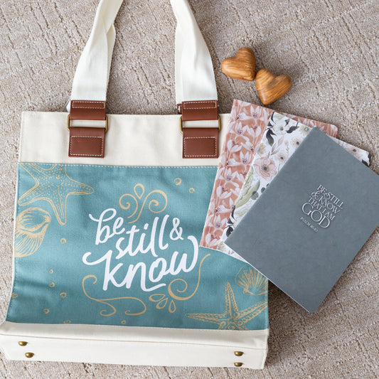 Canvas Tote Bag, Durable Heavy Cotton, Canvas Tote Bag, Serene Beach Shell Design, 'Be Still and Know' Psalm 46:10.