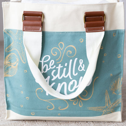 Canvas Tote Bag, Durable Heavy Cotton, Canvas Tote Bag, Serene Beach Shell Design, 'Be Still and Know' Psalm 46:10.