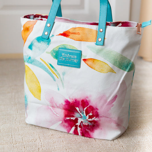 Canvas Tote Bag, Large Watercolored Floral Design, 'Embrace the Journey' Tote Bag,