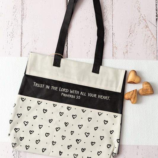 Trust in the Lord.. Cream Nylon/Canvas Tote, Durable Tote with pockets,Heart Pattern Print
